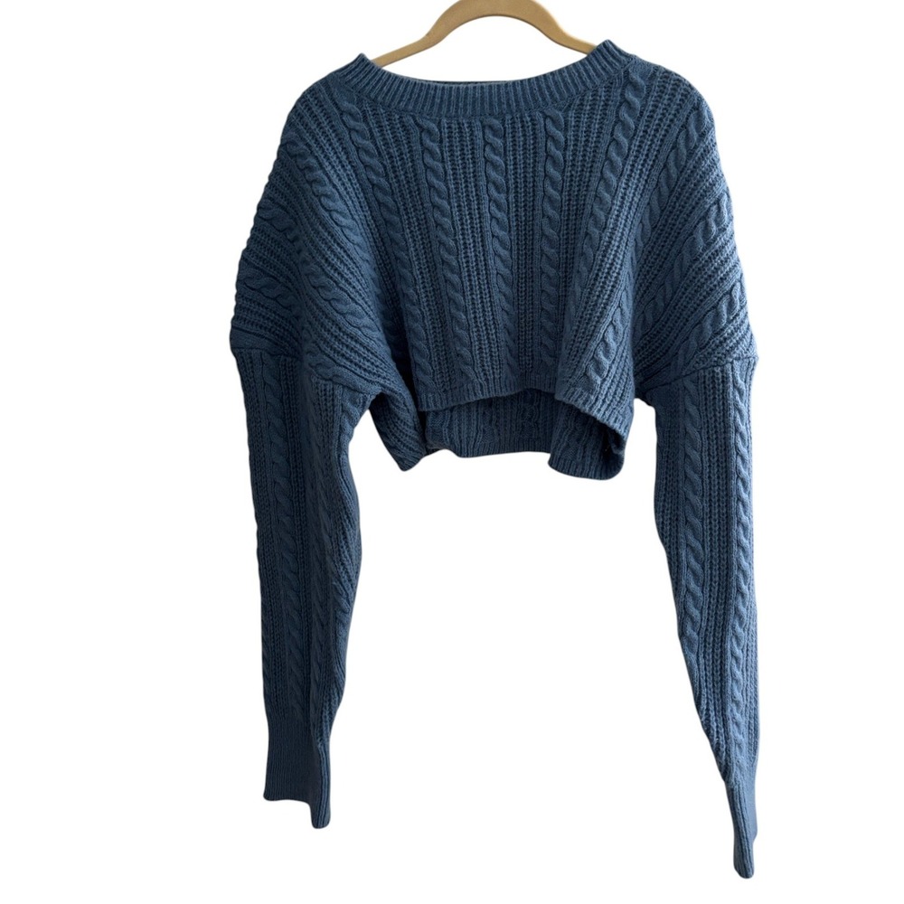 Bailey Rose Women Blue Cable Knit Cropped Sweater Crew Neck Long Sleeve S